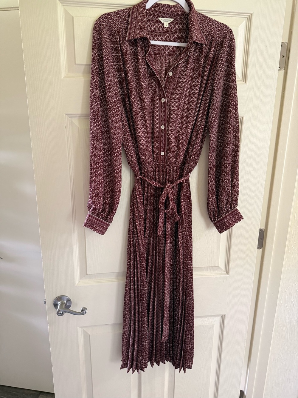 Max Studio Burgundy Patterned Pleated Long-Sleeve Shirt Dress
